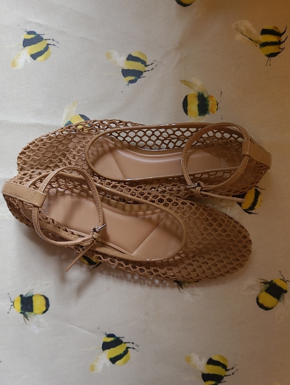 Mango Tan Fishnet Ballet Flats with Ankle Strap, 38/7.5 - Picture 5 of 8